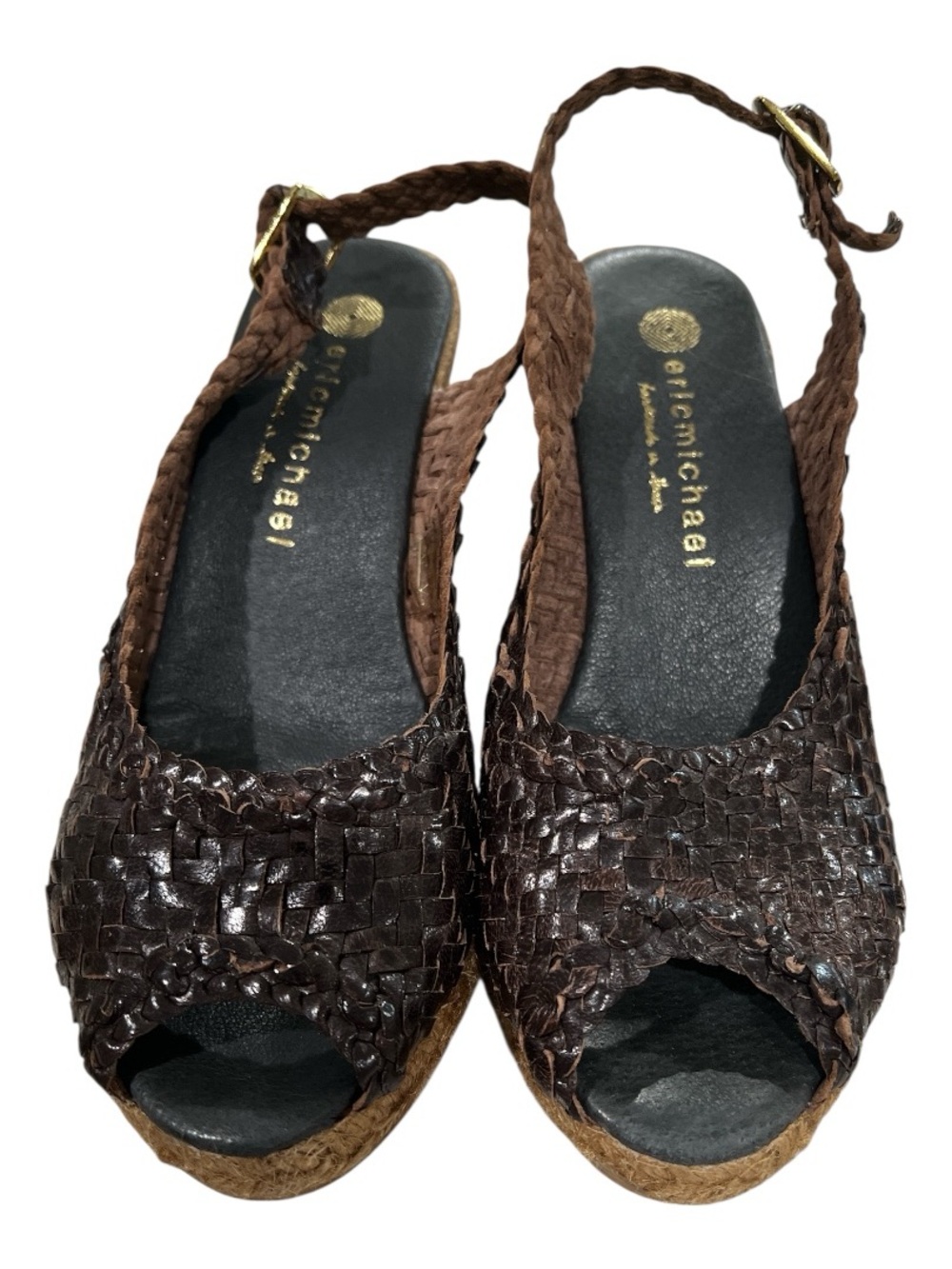 Eric Michael Brown Woven LeatherPeep-Toe Slingback Wedges Made in Spain